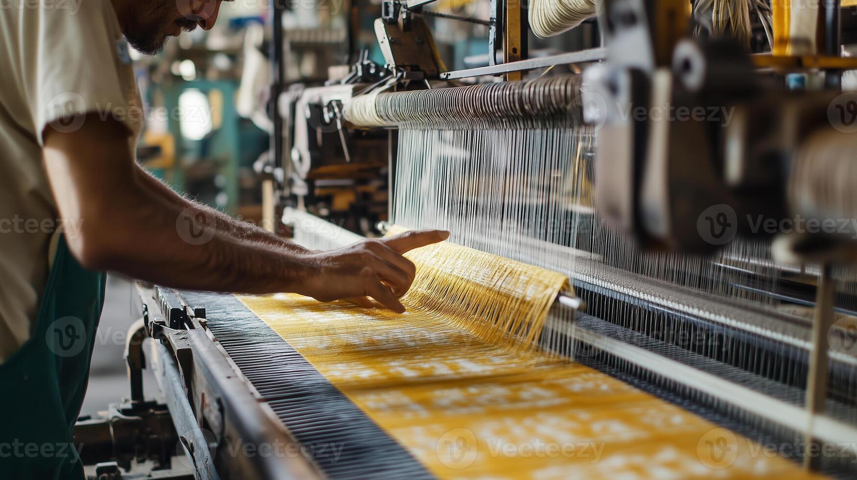 Worker operating a textile weaving machine in a busy factory during daylight hours photo