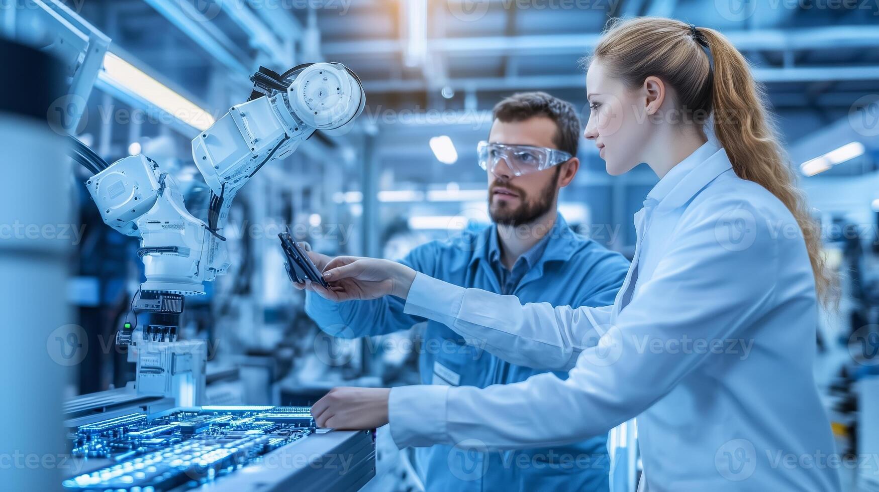 Engineers collaborating in a high-tech laboratory while analyzing a circuit board with robotic assistance in a modern facility photo