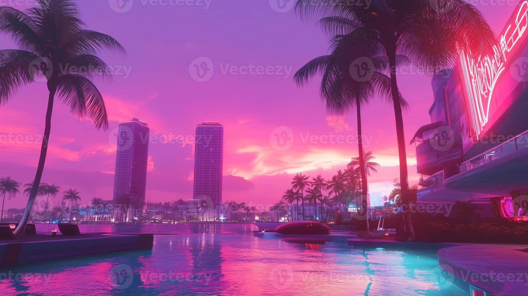 Vibrant sunset illuminates waterfront luxury in a city filled with palm trees and towering skyscrapers photo