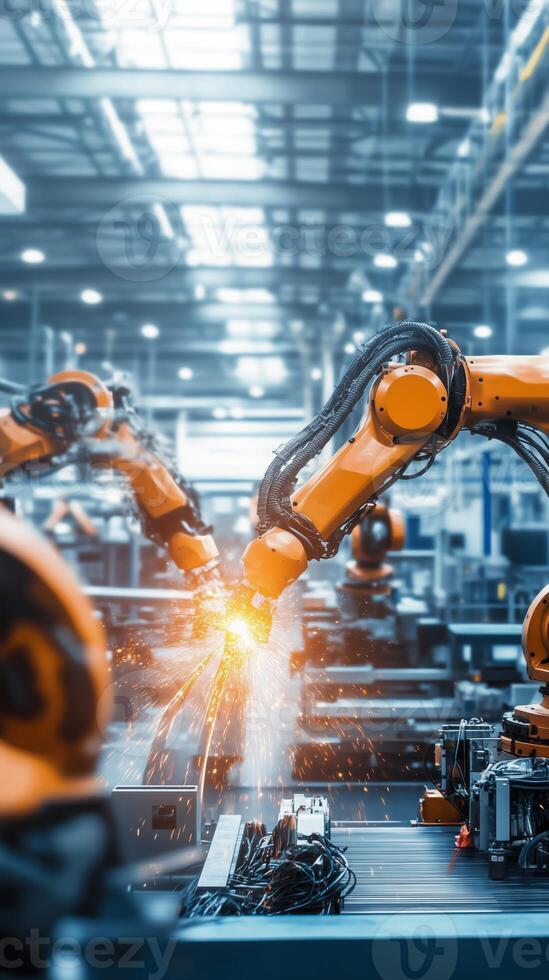 Robotic arms engaged in precision welding within a large manufacturing warehouse during daylight hours photo