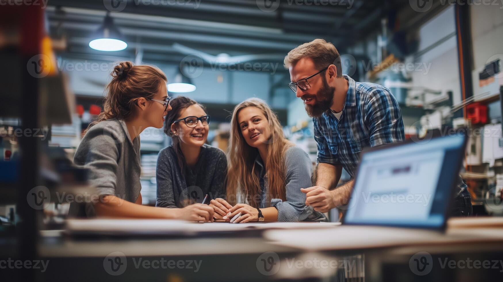 Team collaboration in a modern workshop during the day with focused discussions and creative ideas being shared among members photo