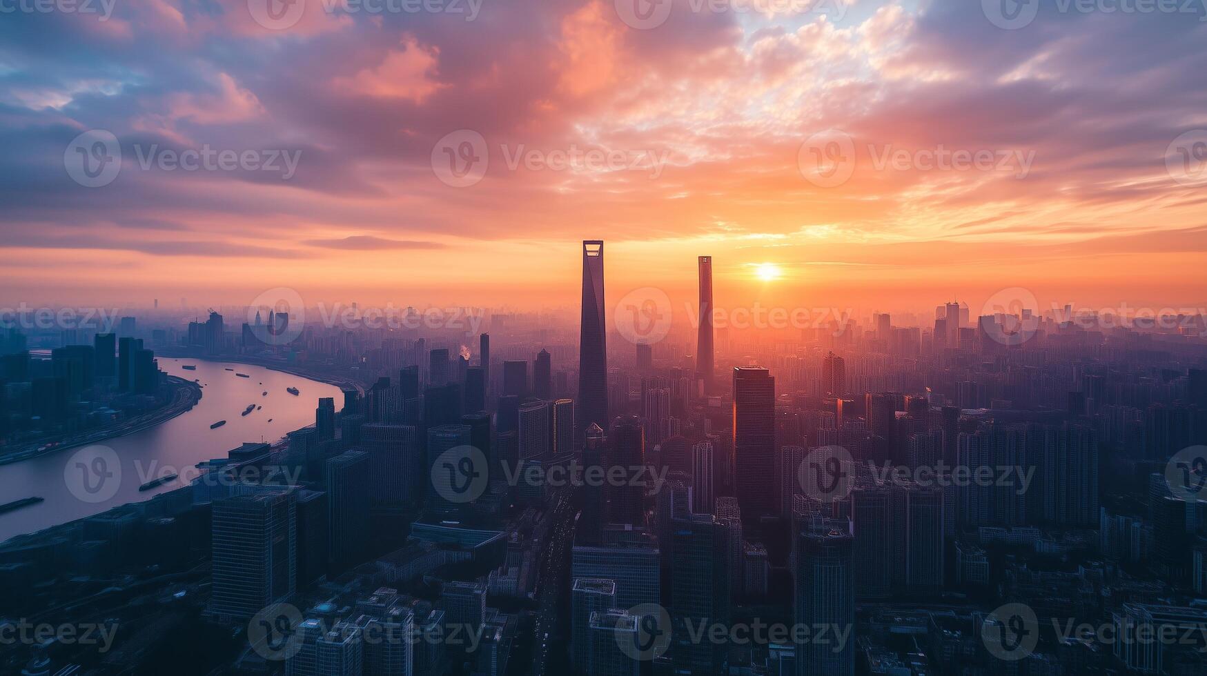 Stunning sunset over Shanghai skyline with river view and urban architecture during golden hour photo