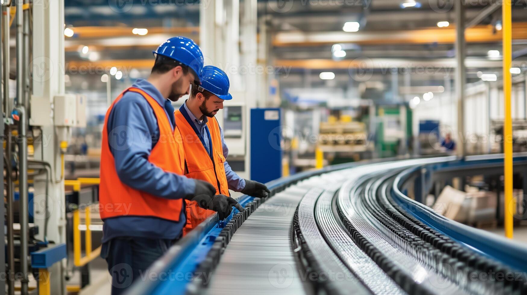 Workers inspecting a conveyor belt in a modern manufacturing facility during daylight hours photo