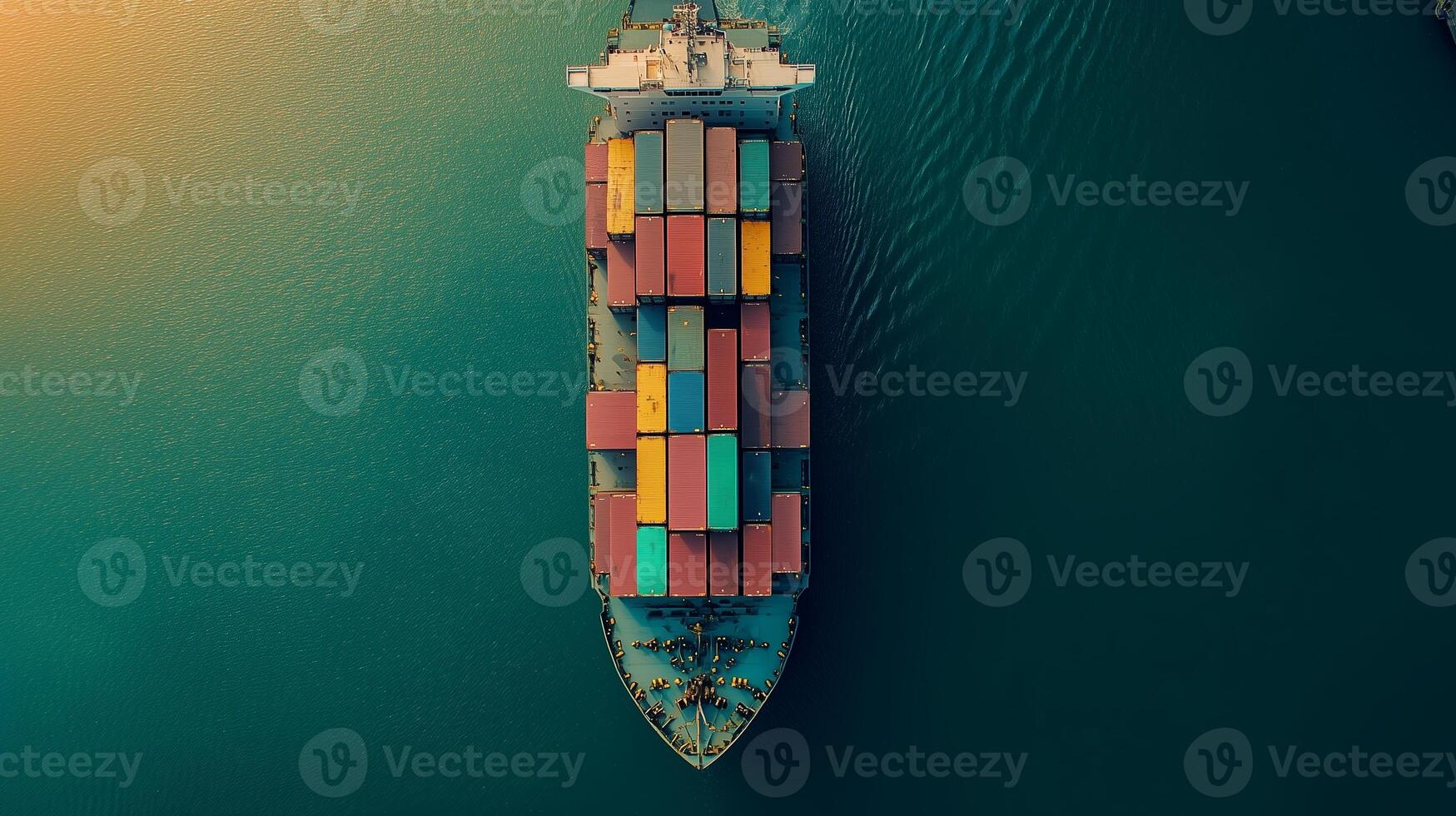 Aerial view of a cargo ship loaded with colorful containers navigating through tranquil waters at sunset photo