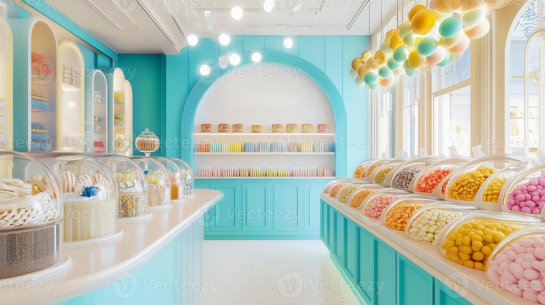 Brightly colored candy store interior with a variety of sweets on display during daytime showcasing vibrant decor and inviting atmosphere photo