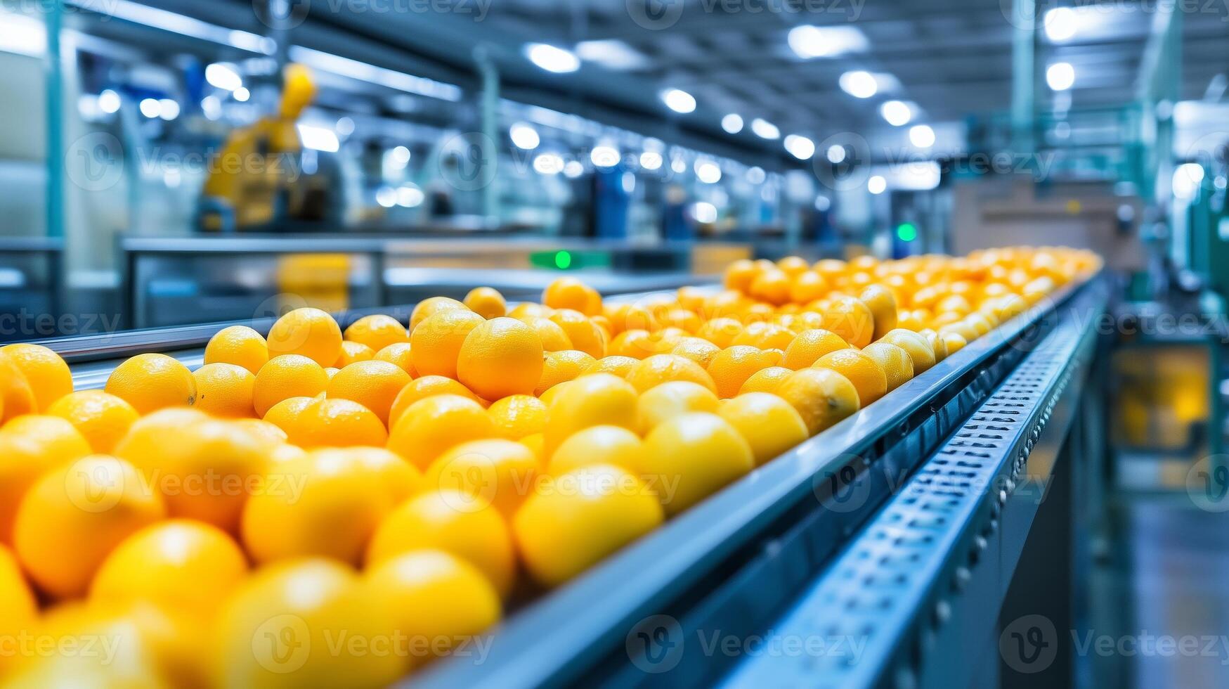 Yellow oranges moving along a conveyor belt in a bustling citrus packing facility during daylight hours photo