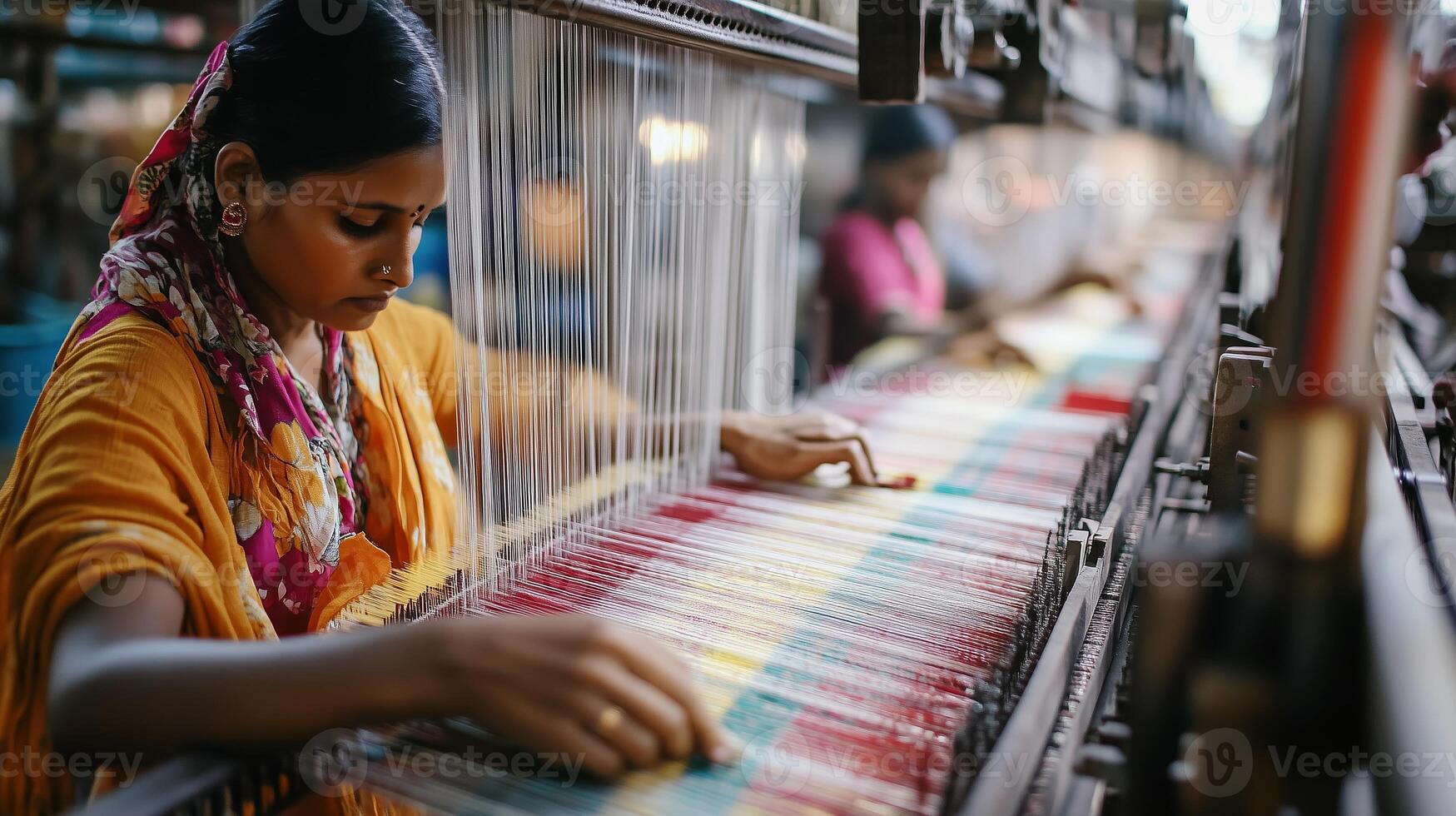 A woman weaving colorful fabric at a textile factory during the day, showcasing traditional craftsmanship and skill photo