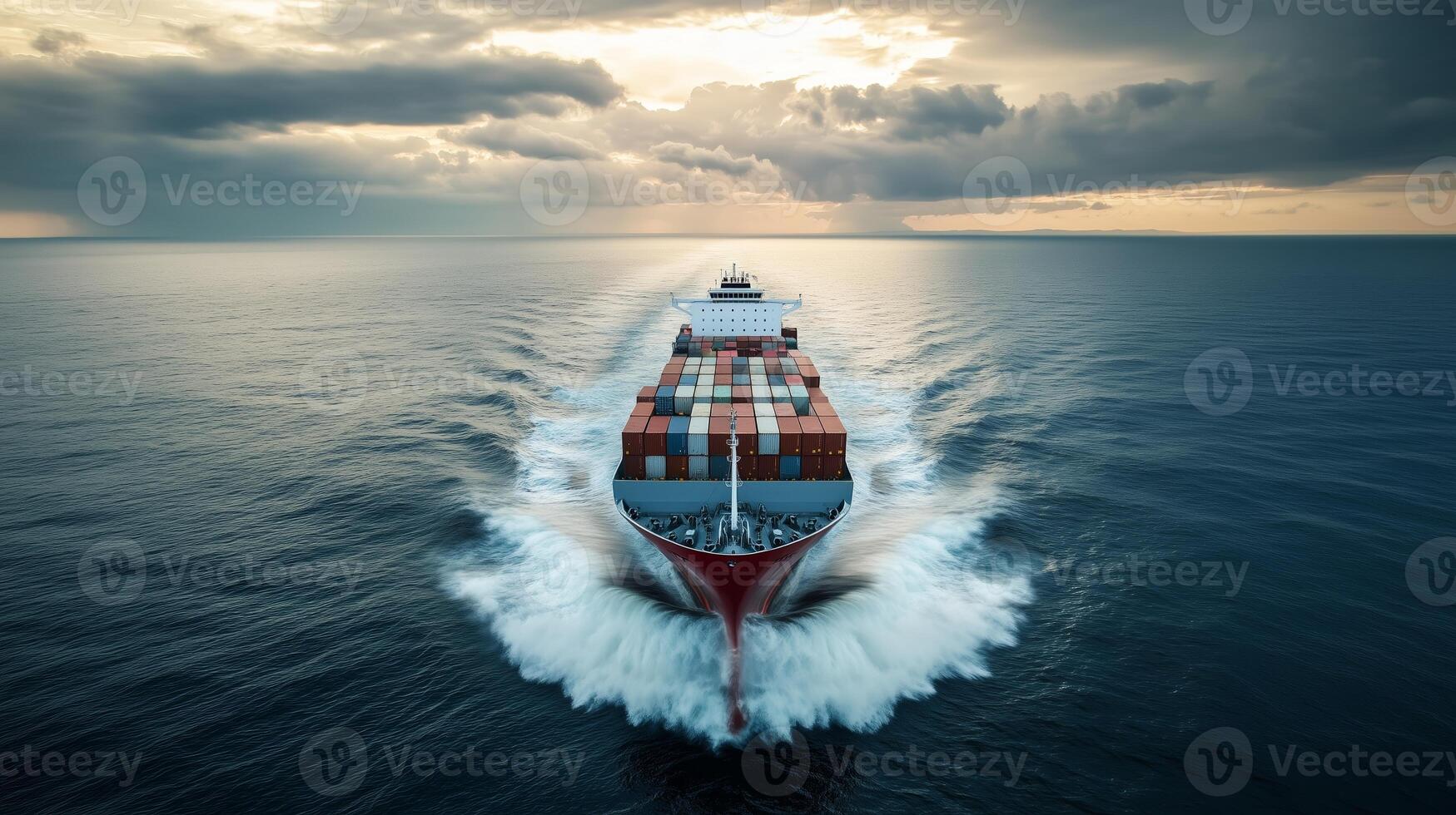 Container ship navigating through calm waters at dusk with clouds overhead and warm light reflecting on the ocean surface photo