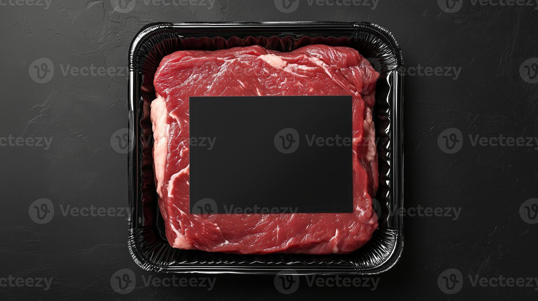 Raw beef steak on a black tray with a blank area for labeling or branding at a butcher shop photo