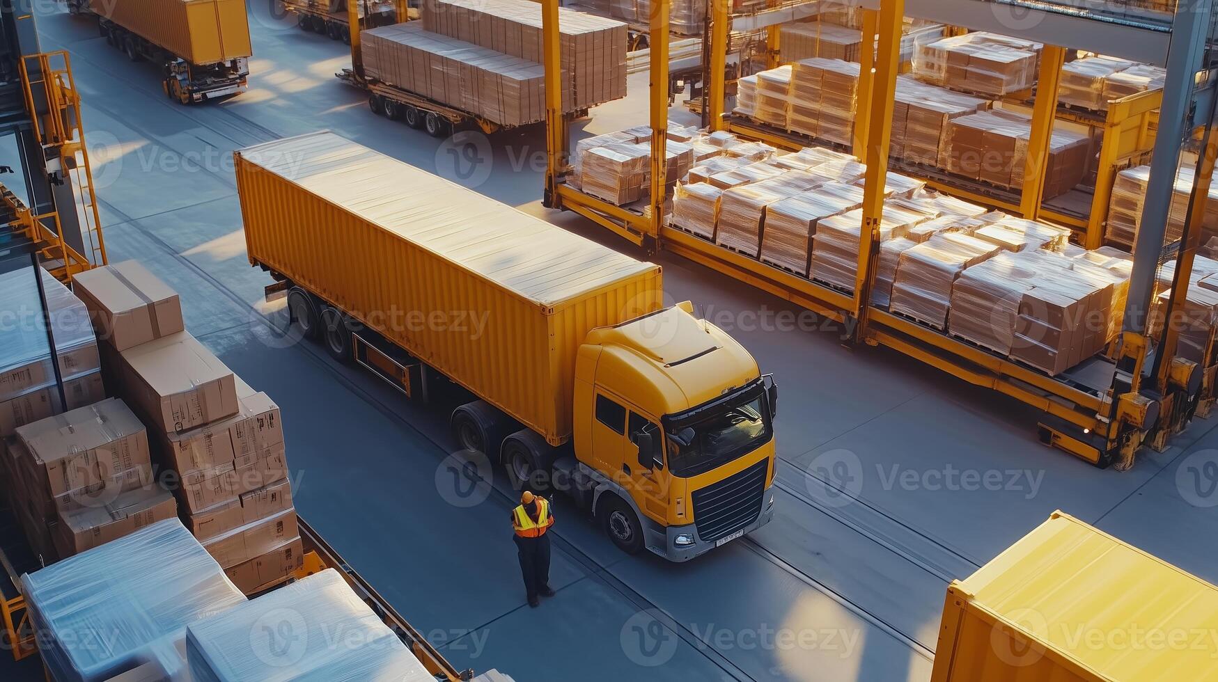 A truck loading packages in a busy shipping yard during daylight hours with stacks of containers in the background photo