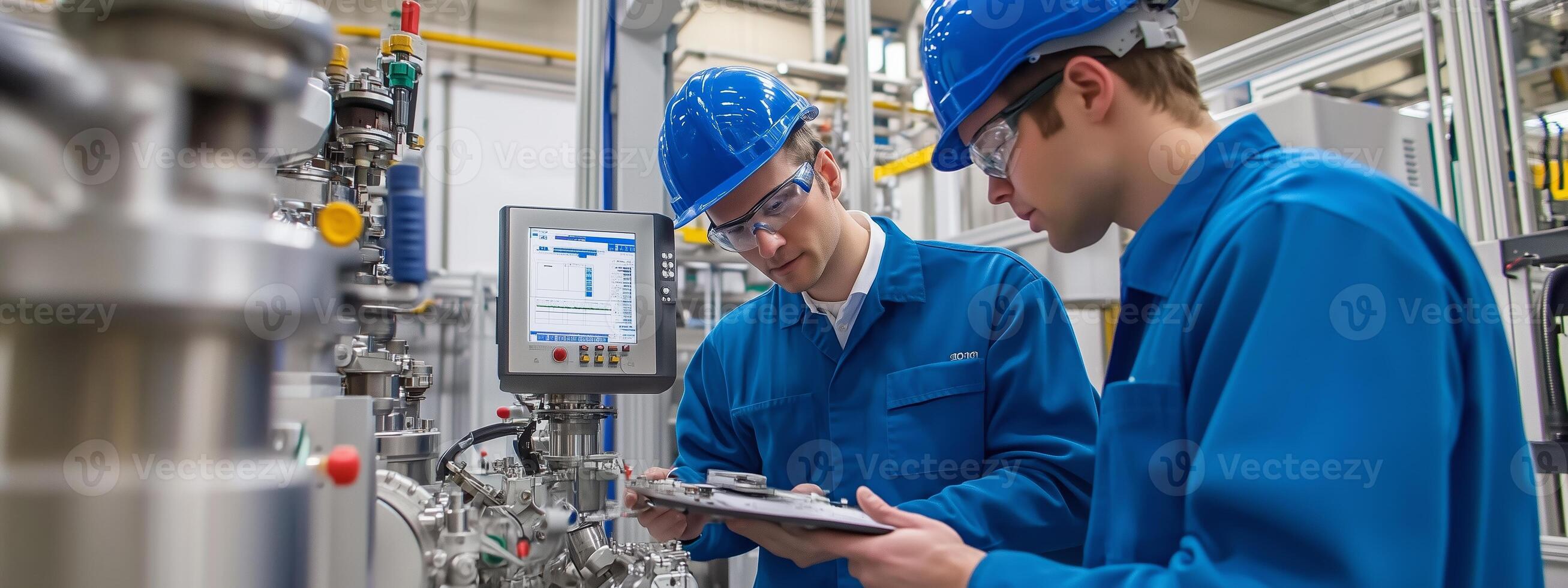 Engineers collaborating on equipment assessment in a modern industrial facility during daylight photo