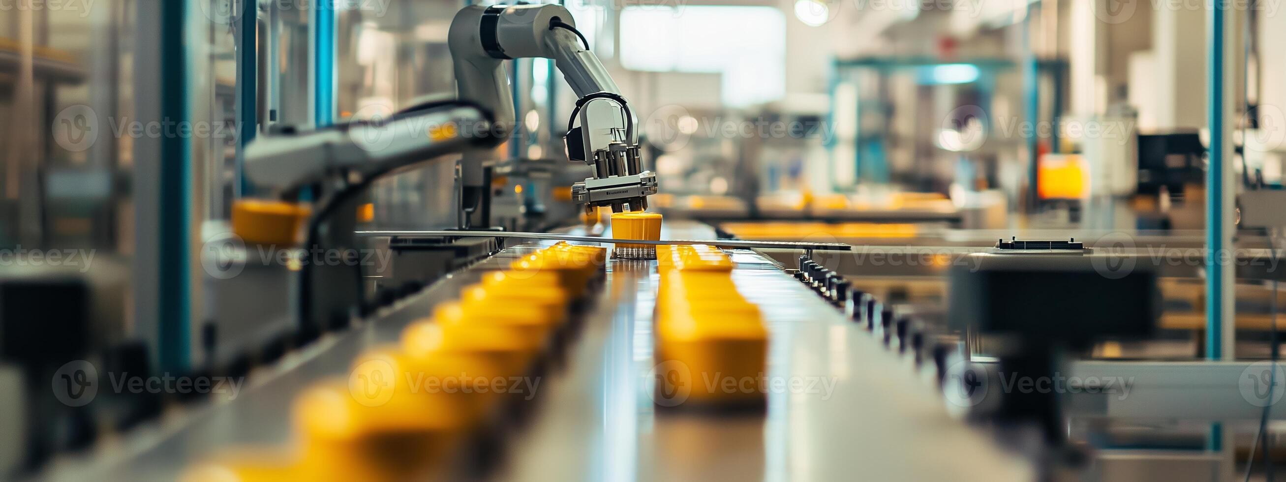 Automated machinery operates along a conveyor belt in a bright manufacturing facility during daytime hours photo