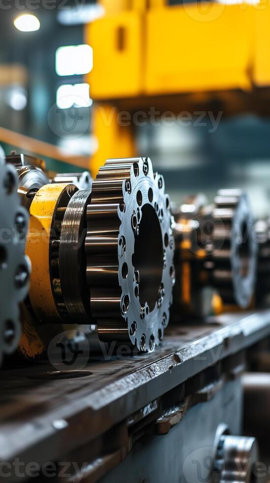 Industrial machinery components displayed in a factory setting during daylight, showcasing precision engineering and manufacturing processes photo