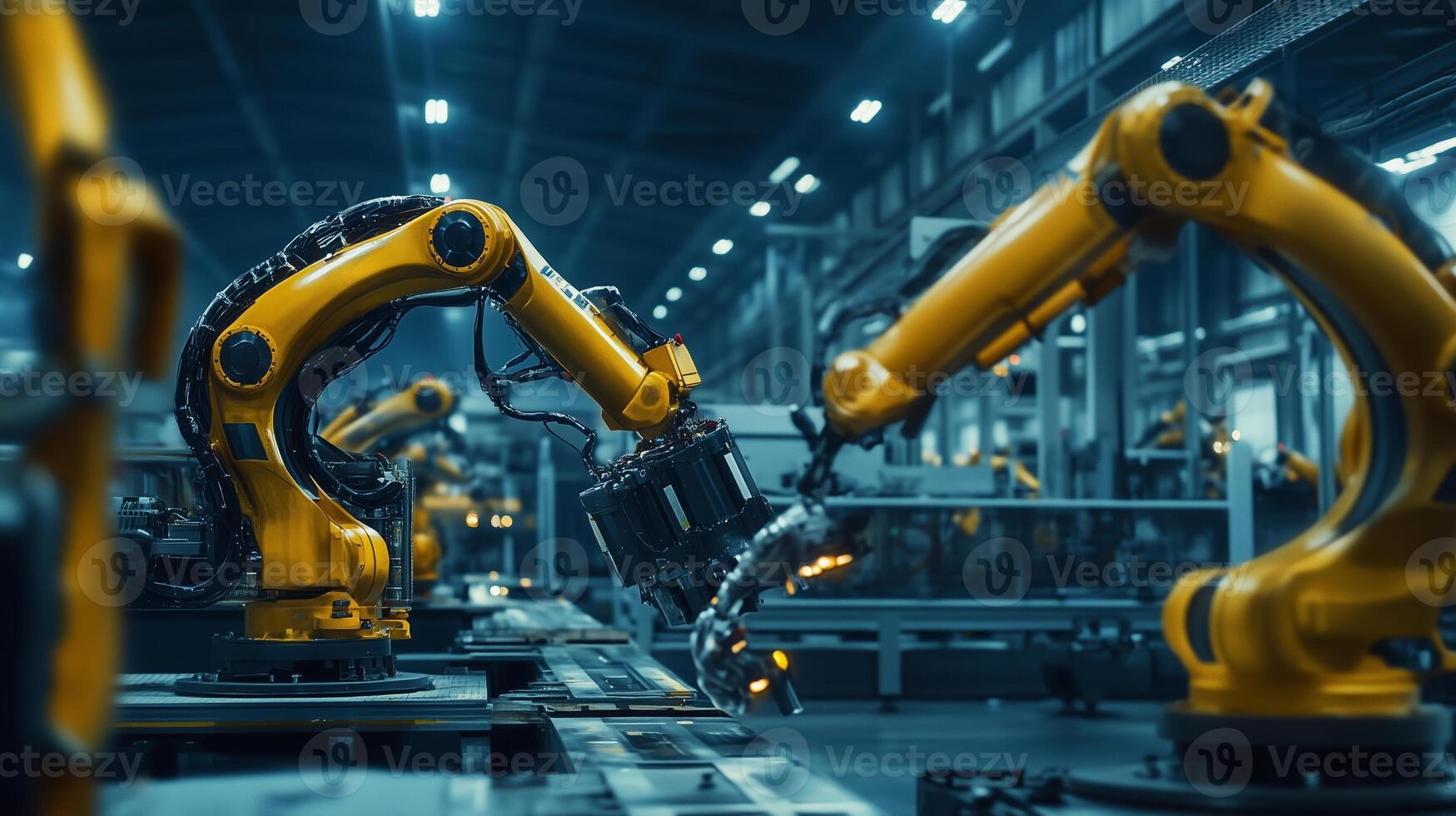 Modern industrial robots operating on an assembly line in a manufacturing facility during nighttime hours photo
