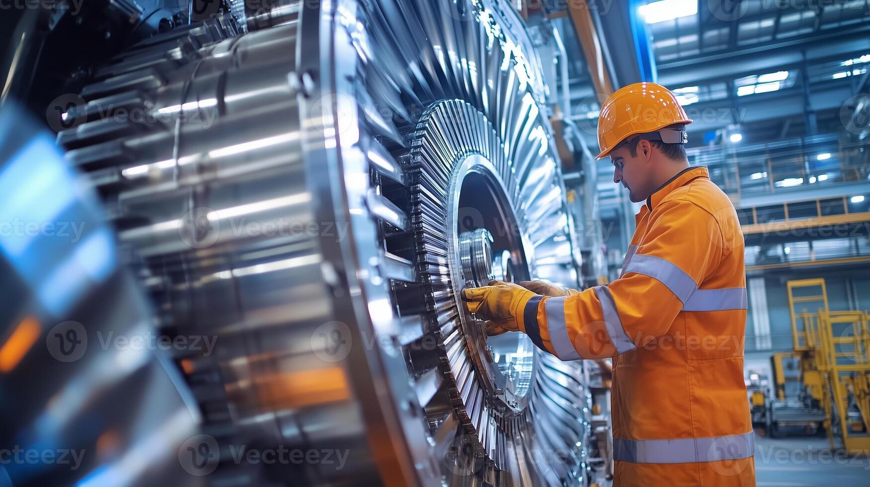 A technician inspects a large turbine engine in a manufacturing facility during the daytime photo