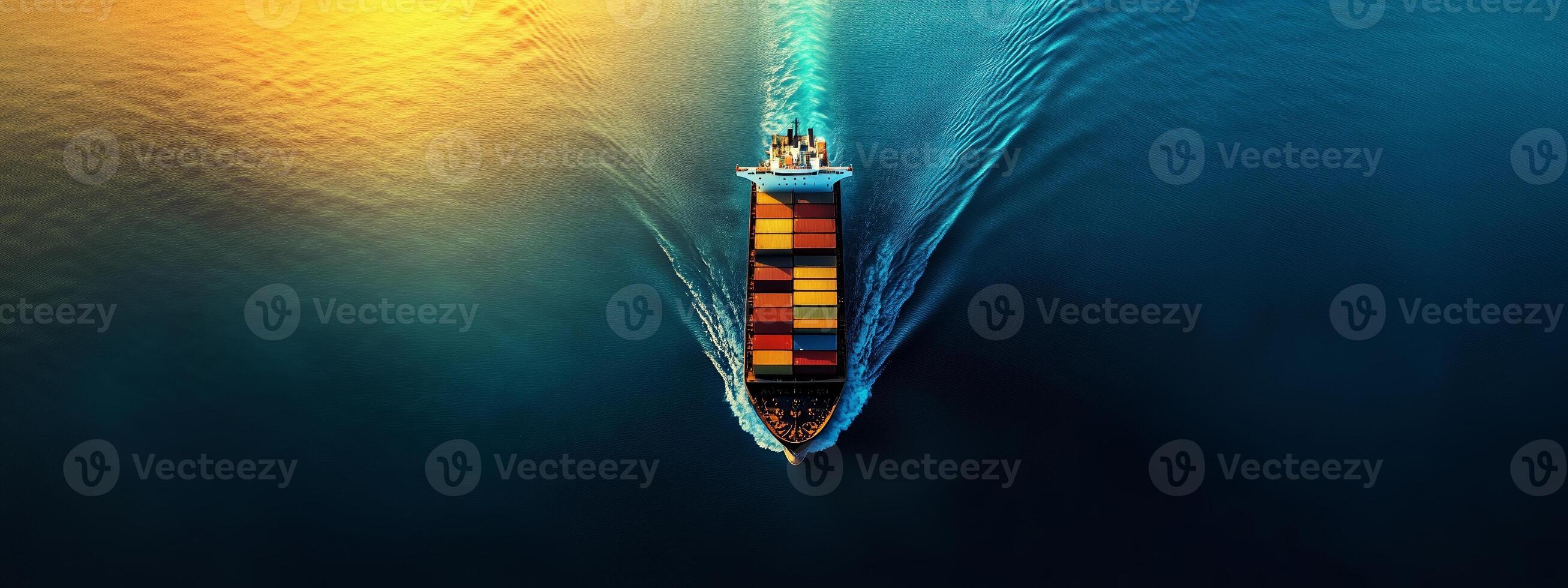 A large cargo ship navigating through calm blue waters during sunset, showcasing colorful shipping containers on its deck photo