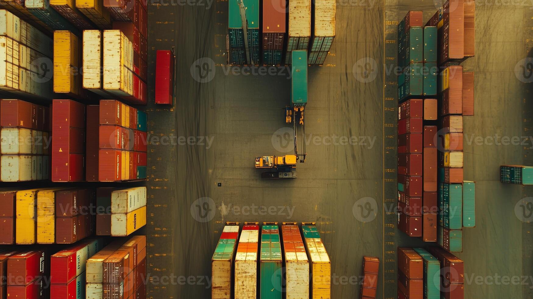 Aerial view of a busy shipping yard with colorful containers and cargo vehicles in operation during daylight hours photo