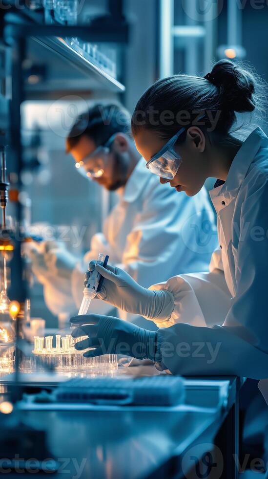 Scientists conduct experiments with test tubes and pipettes in a laboratory at night, focused on research and analysis photo