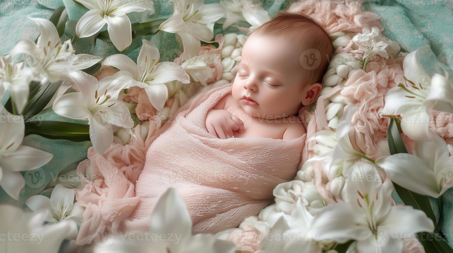 A peaceful newborn wrapped in a soft blanket surrounded by white lilies in a serene setting photo