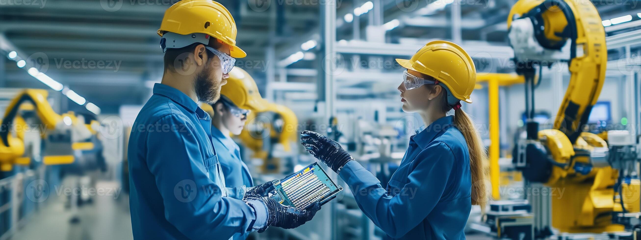 Engineers collaborating on robotics assembly line in a modern manufacturing facility, showcasing innovation in automation technology photo