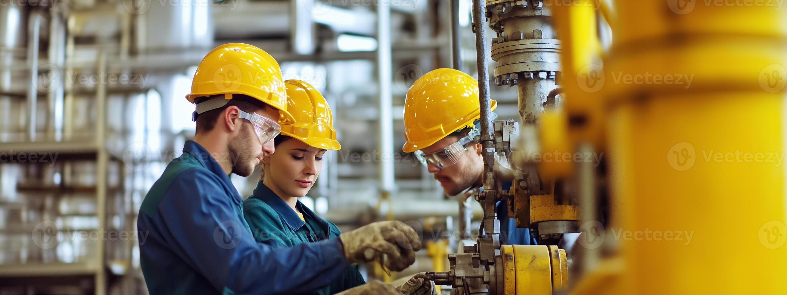 Three workers in safety helmets inspect machinery in an industrial facility during the daytime, focusing on maintenance and operations photo