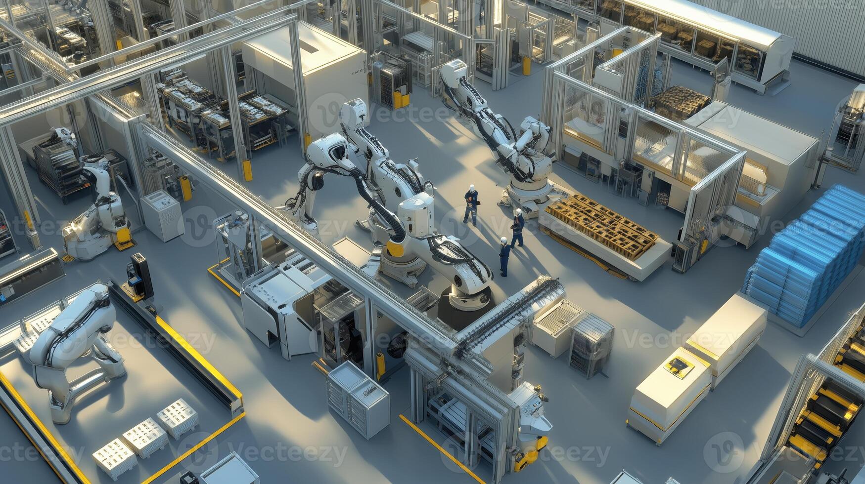 Advanced automation in a modern manufacturing facility with robotic arms and engineers collaborating on production tasks photo