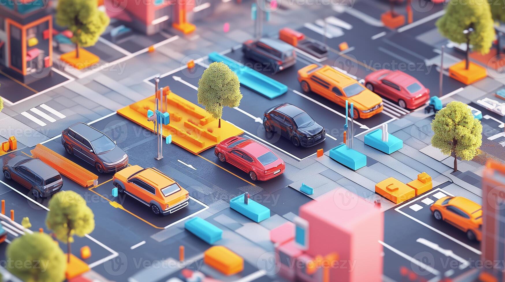 Vibrant miniature city landscape with cars and colorful pathways in a busy urban environment photo