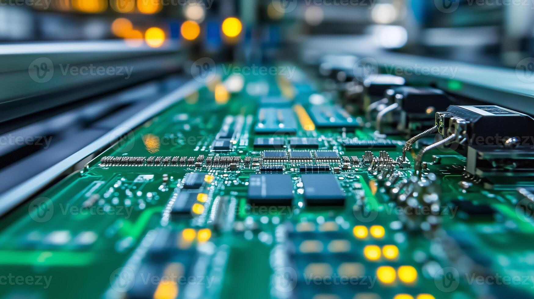 Detailed view of a circuit board with components on a production line inside a technology manufacturing facility photo