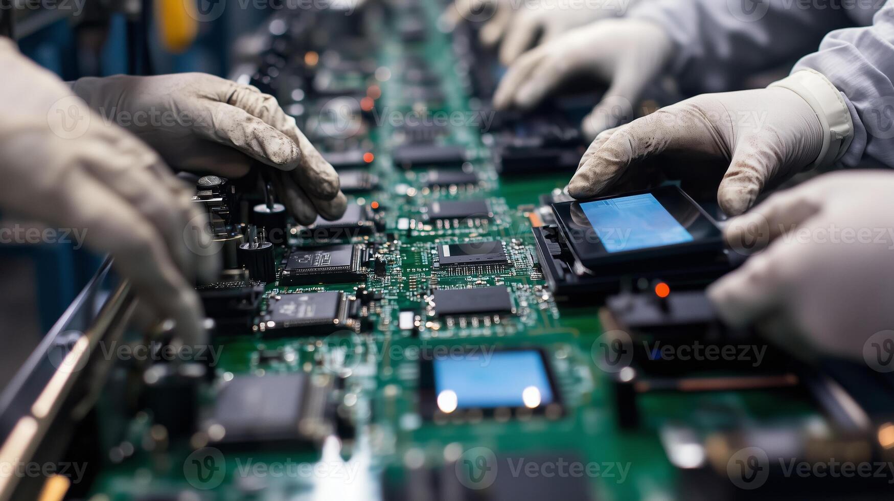 Assembly line workers in cleanroom attire assembling electronic components in a high-tech manufacturing facility photo