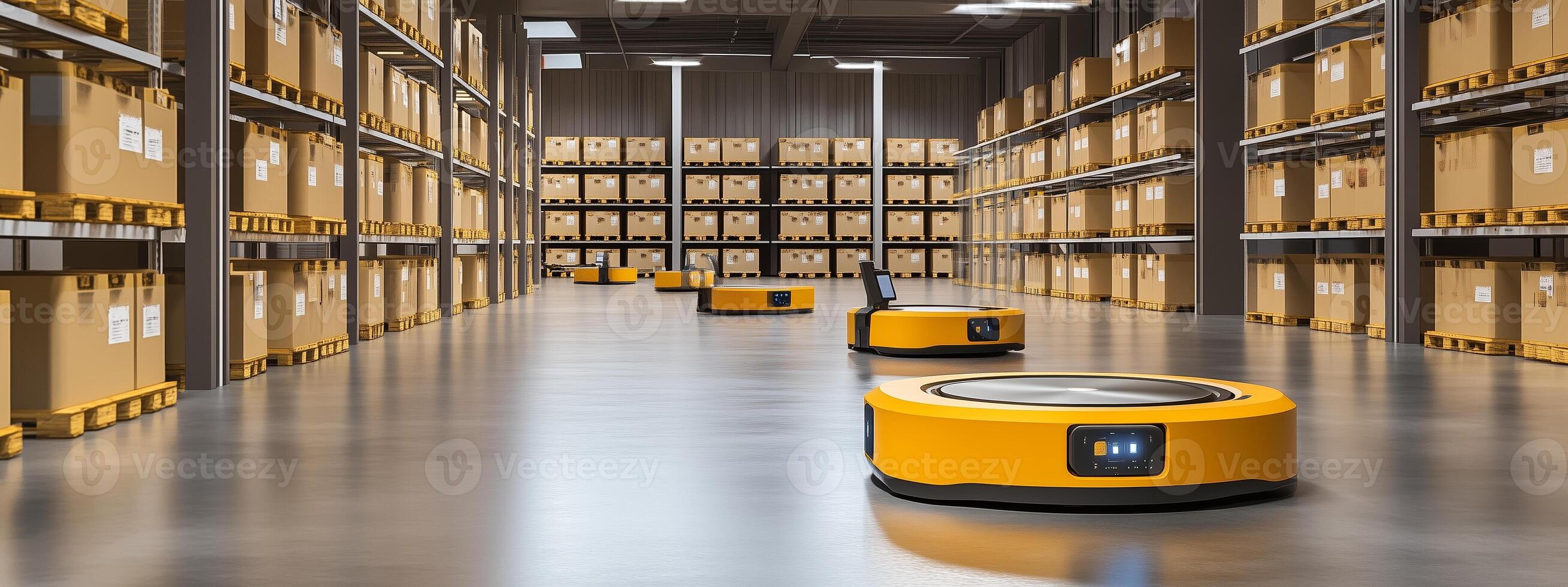 Automated robots transporting boxes in a large warehouse during daylight hours photo