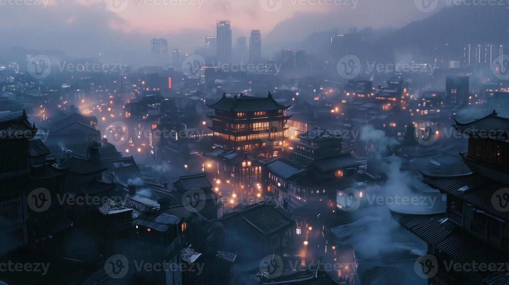 Nighttime cityscape featuring traditional architecture illuminated by warm lights in a misty urban landscape photo