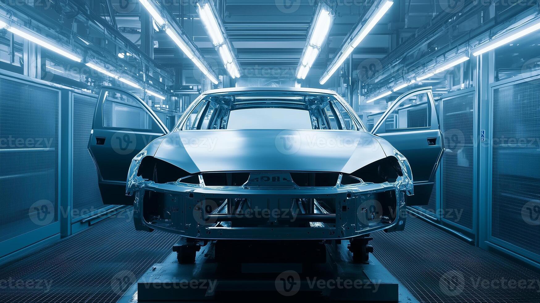 An assembly line showing a partially completed electric vehicle with opened doors in a modern factory setting during evening lights photo