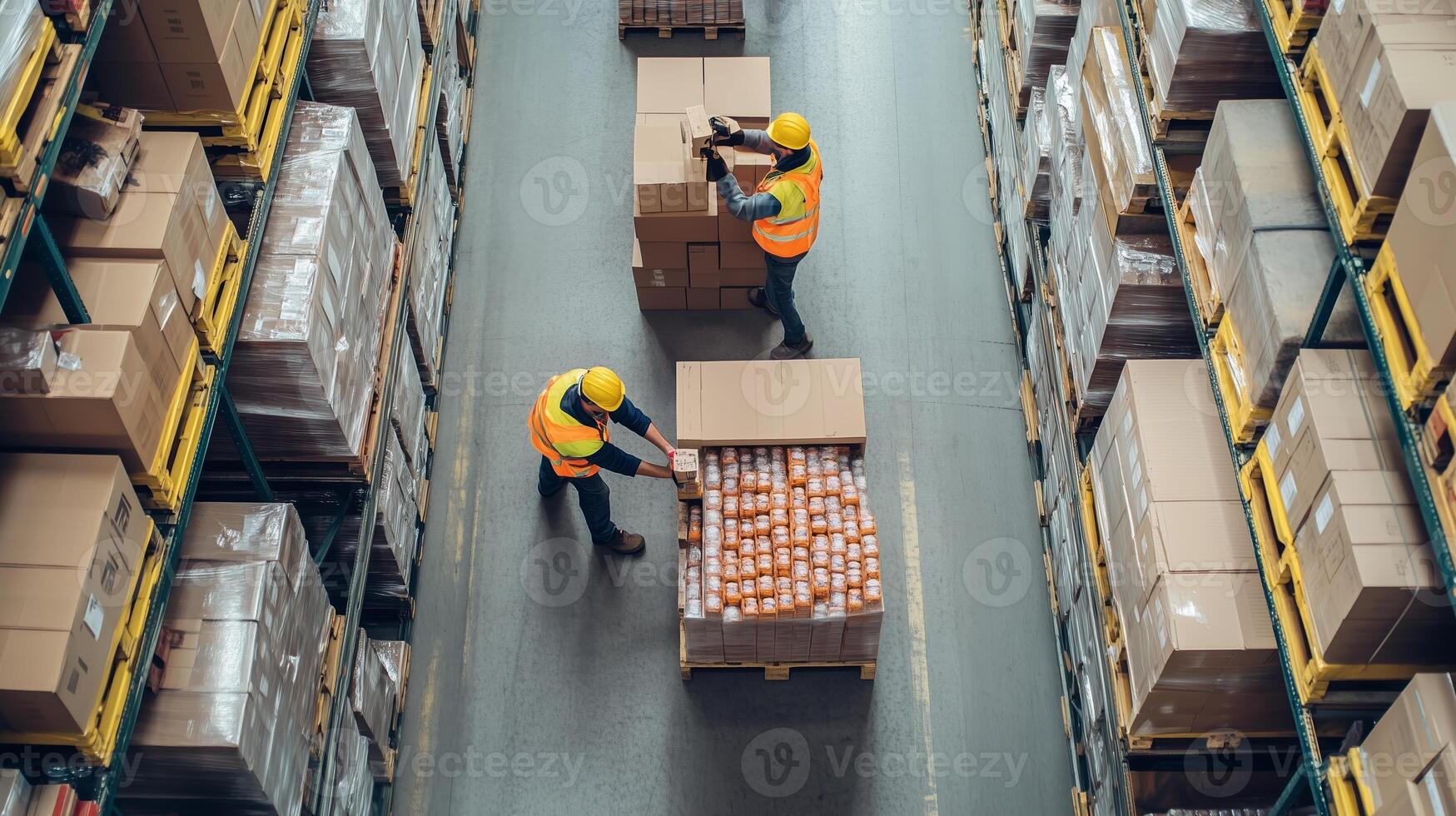 Workers handling boxes in a busy warehouse during daylight, stacking goods for efficient storage and organization photo