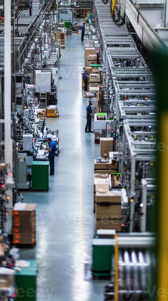 Workers manage operations within a large production facility during daytime hours, focusing on efficiency and organization photo