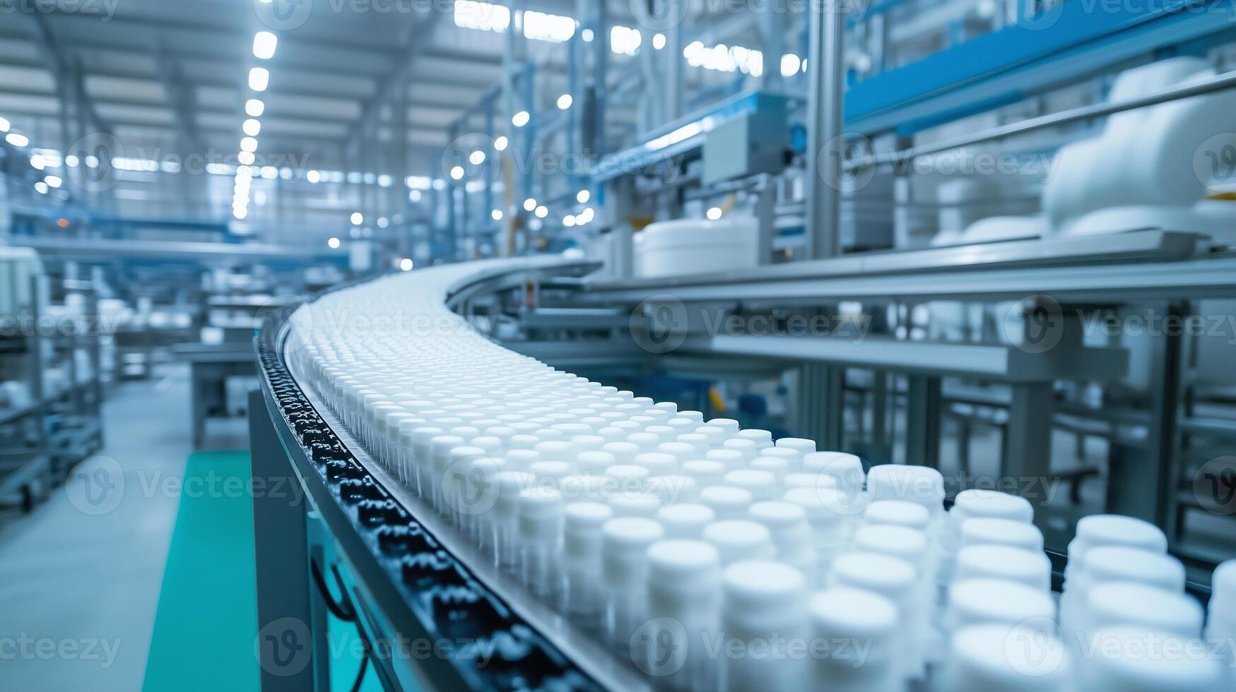 Automated conveyor system transporting white bottles in a large pharmaceutical manufacturing facility during daytime operations photo