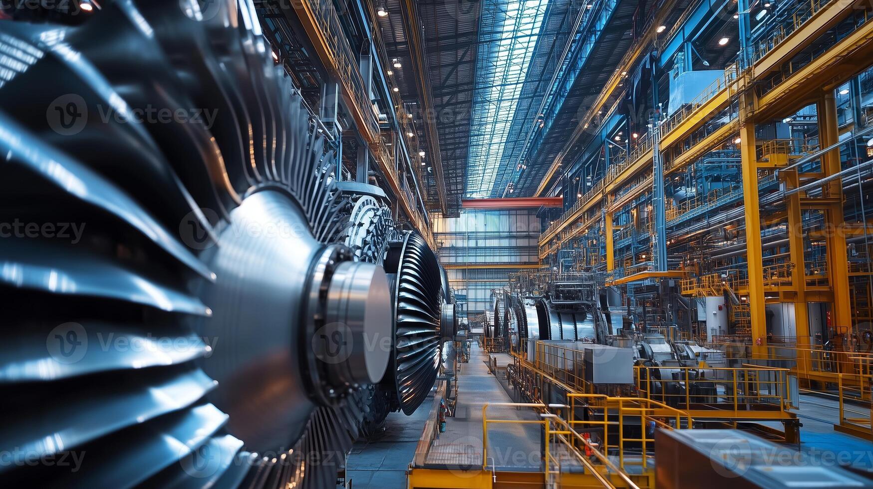 A detailed view of massive jet engine manufacturing in a high-tech industrial facility during daylight hours photo
