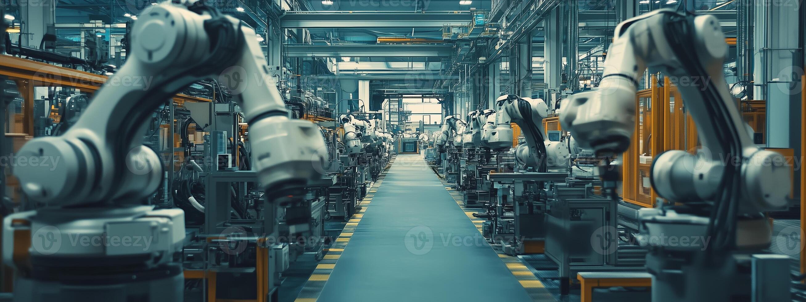 Advanced robotic arms at work in a modern manufacturing facility during the afternoon shift optimizing production efficiency photo