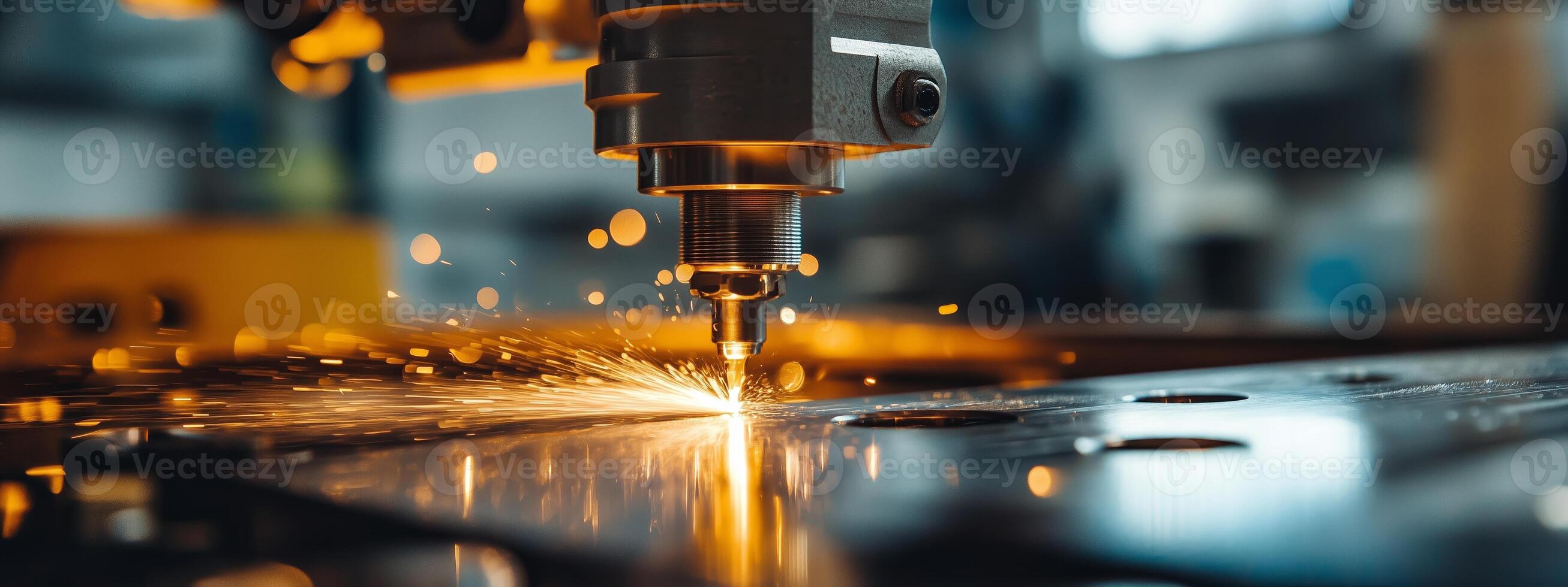A close-up of a laser cutting machine in operation while producing sparks from a metal sheet in a fabrication workshop photo