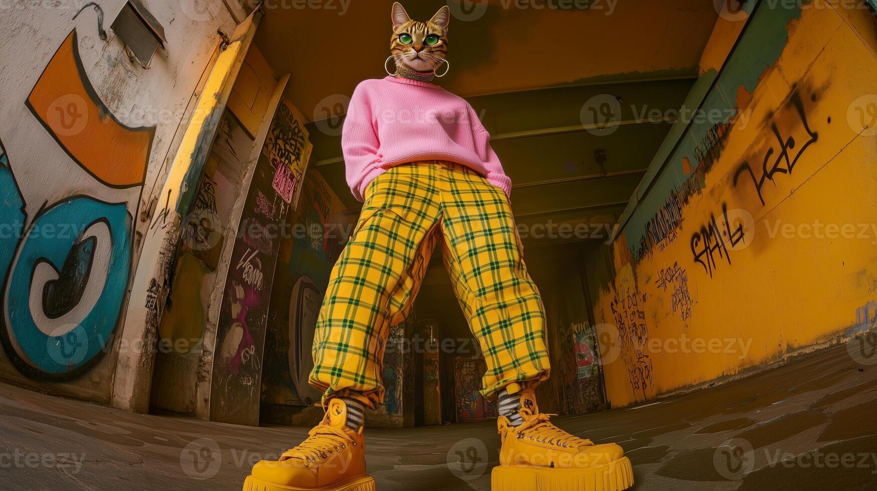 A person with a cat head wearing vibrant outfits stands confidently in a graffiti-filled urban setting photo