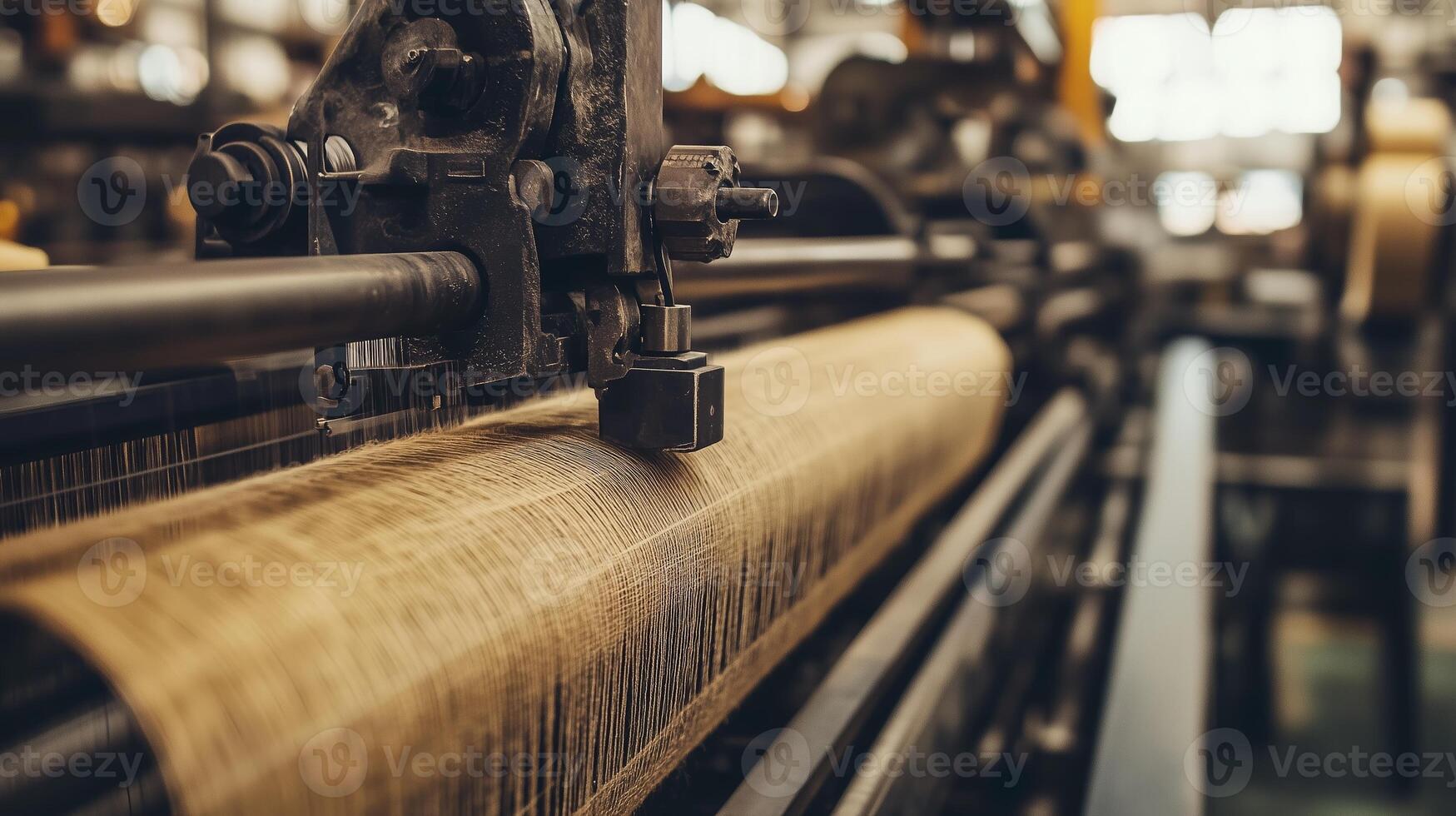 Close-up view of weaving machine in textile factory working on fabric production during daylight hours photo
