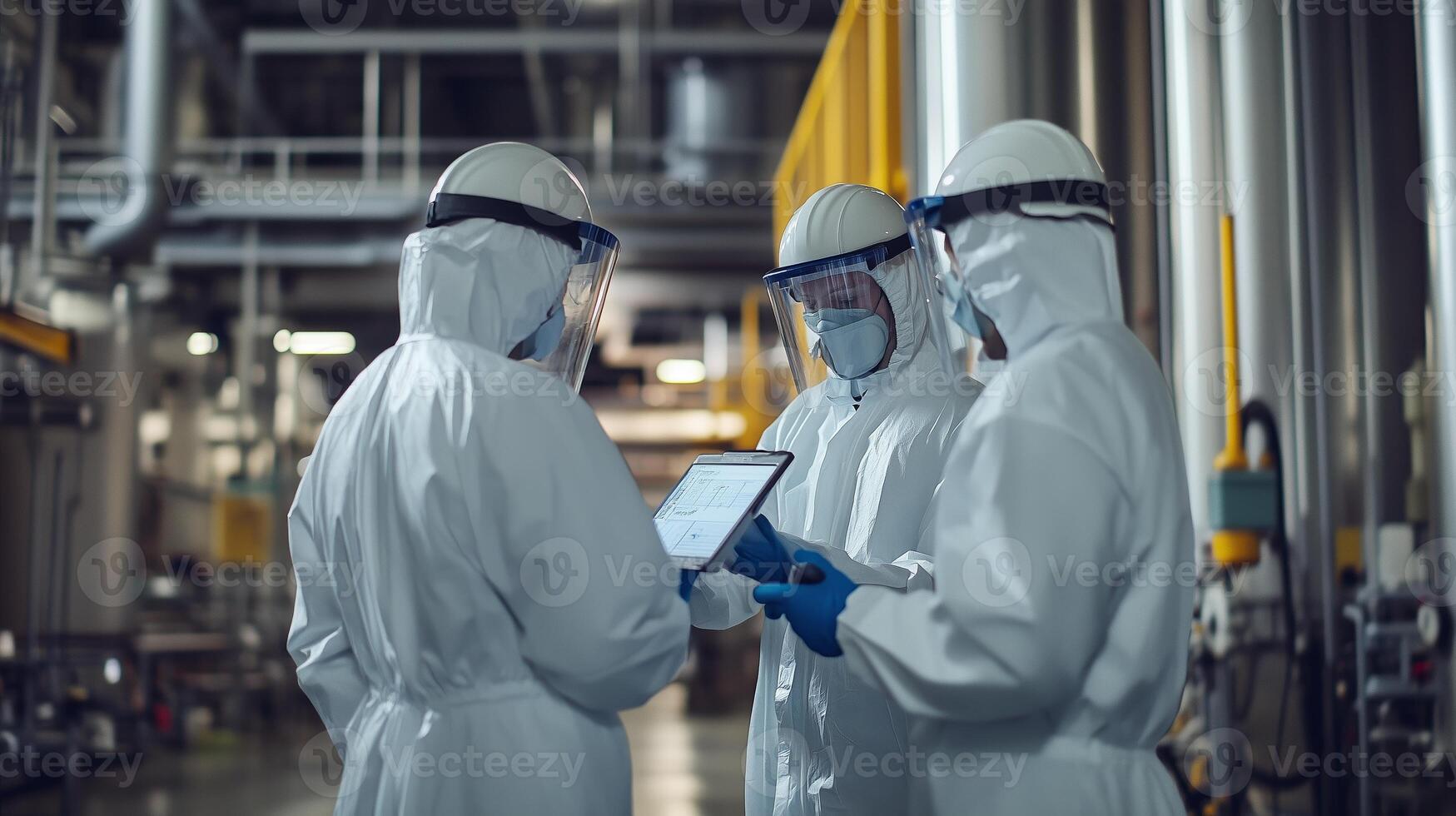 Workers in protective gear collaborating in a modern industrial facility during a safety review meeting photo