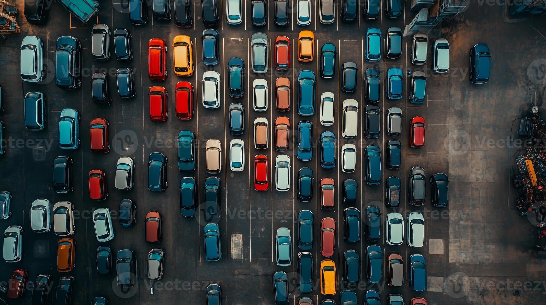 Aerial view of a large parking lot filled with numerous cars in various colors, showcasing urban vehicle storage dynamics photo