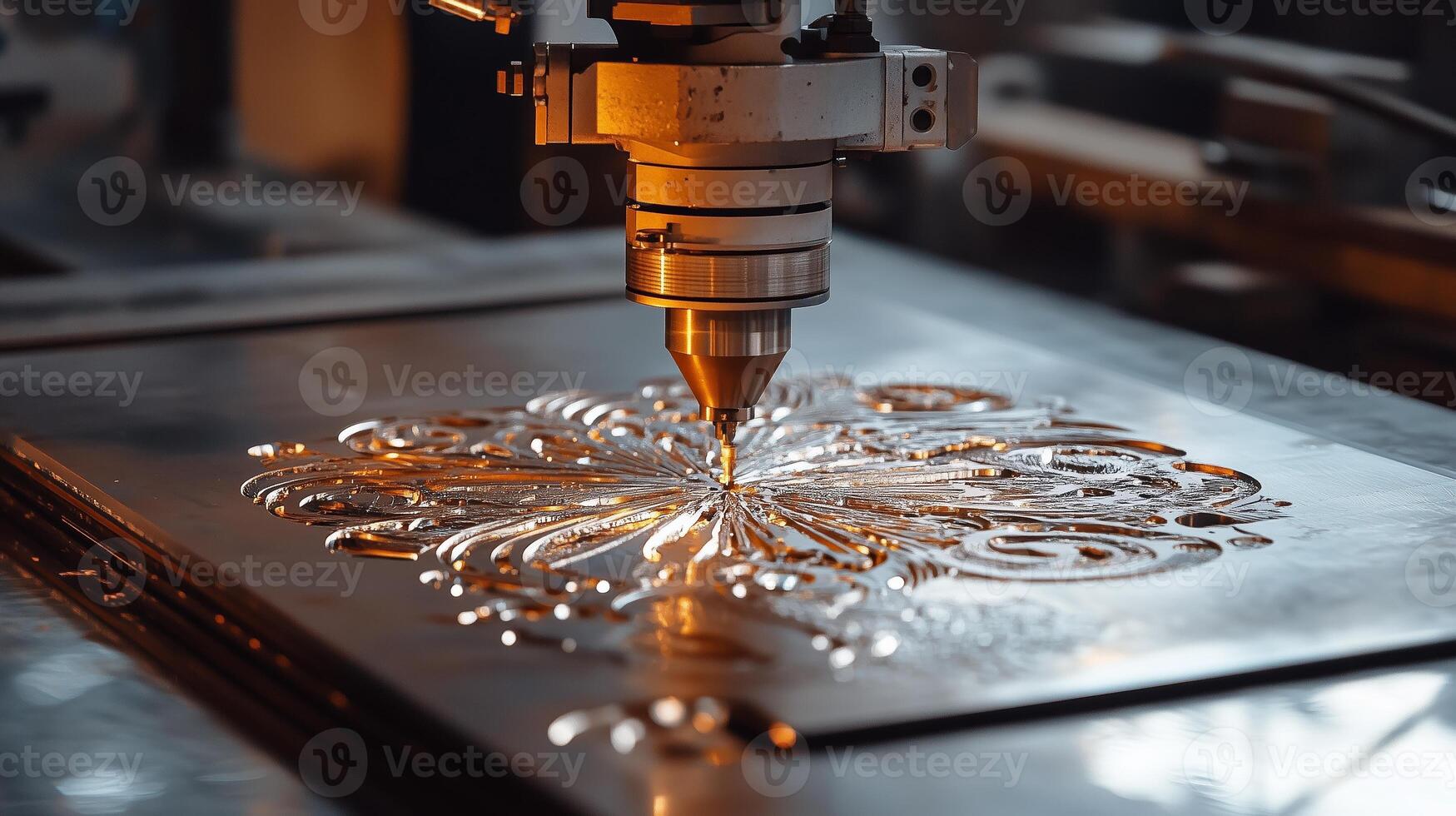 Laser cutting machinery creating intricate designs on metal in a workshop during daytime photo