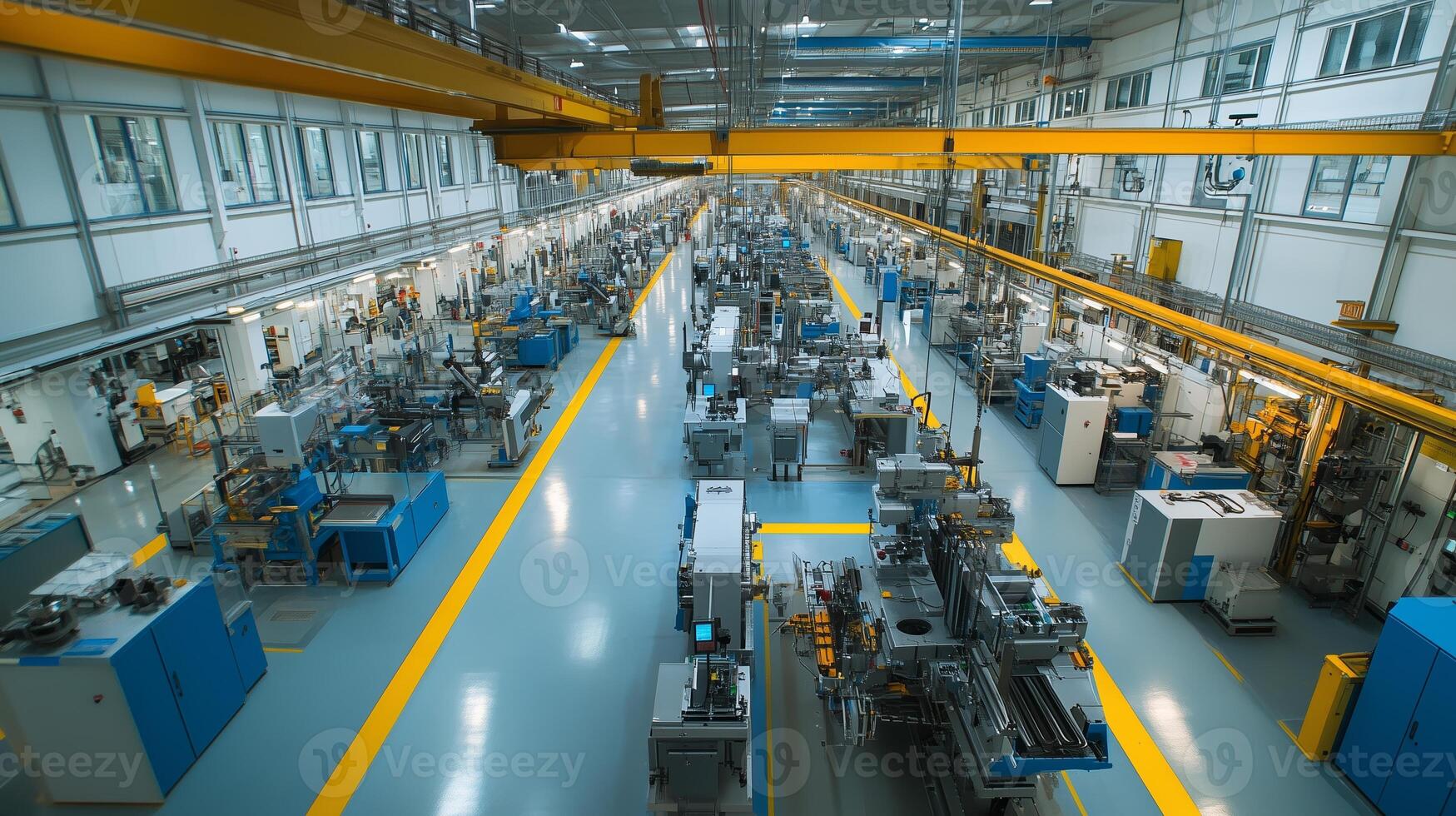 Wide view of a modern manufacturing facility filled with machinery and assembly lines during daylight photo