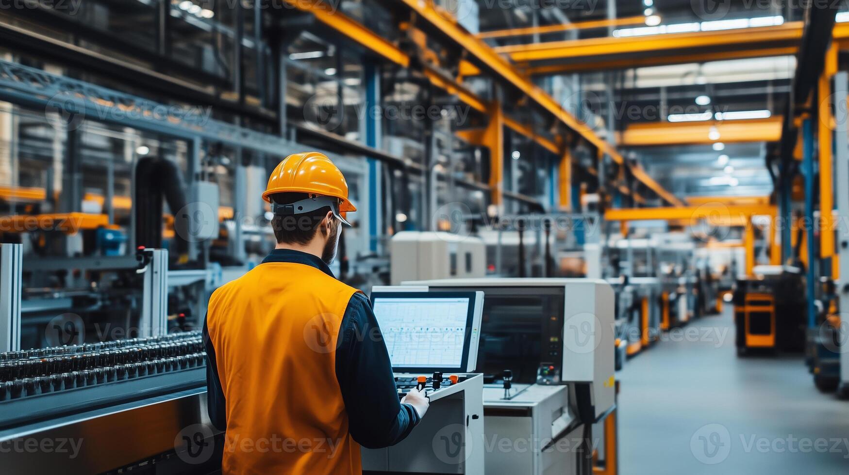 A worker in an industrial facility uses a computer to monitor equipment during daytime operations in a modern manufacturing plant photo