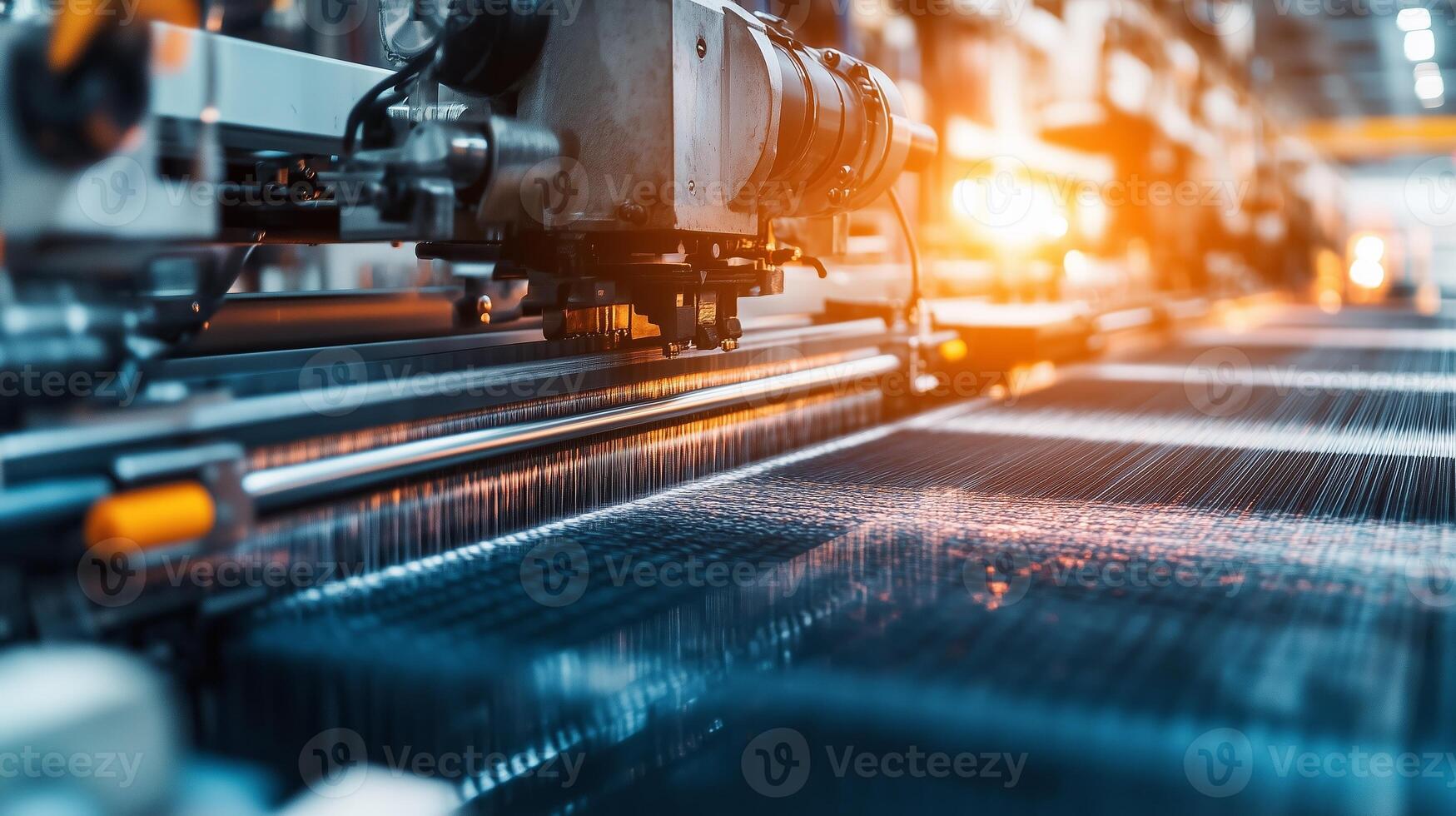 Industrial machinery operates in a factory during the early morning, producing high-quality materials for various applications photo