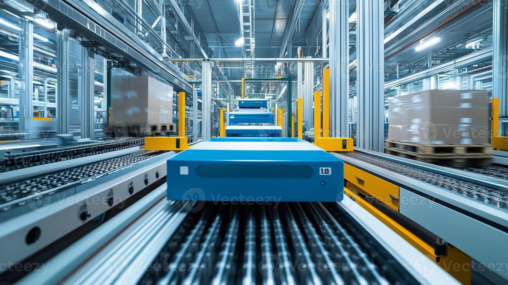 Conveyor system transporting packages in a modern warehouse during the day photo