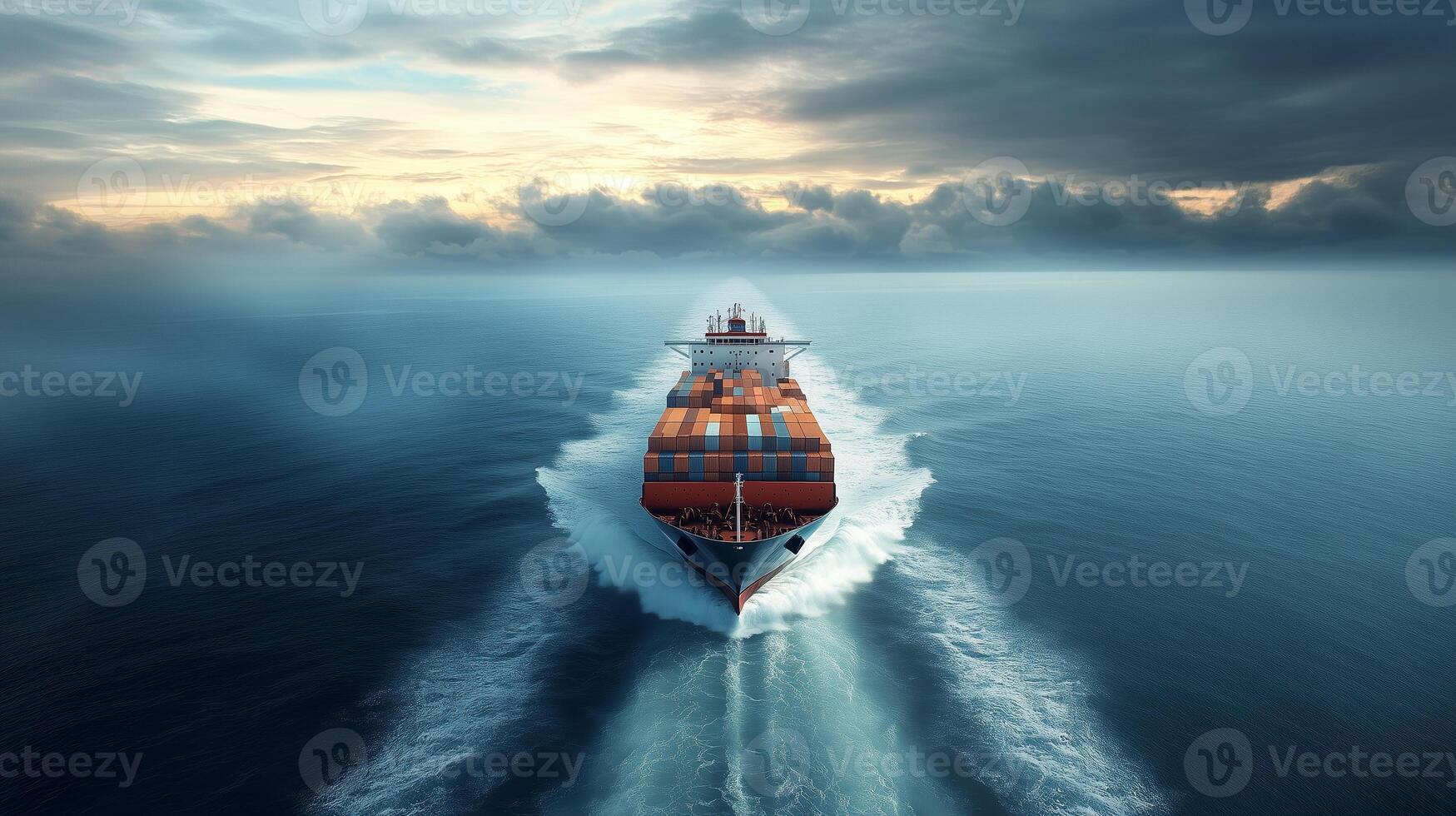 A cargo ship navigates through calm waters at dusk, surrounded by a dramatic sky filled with clouds photo
