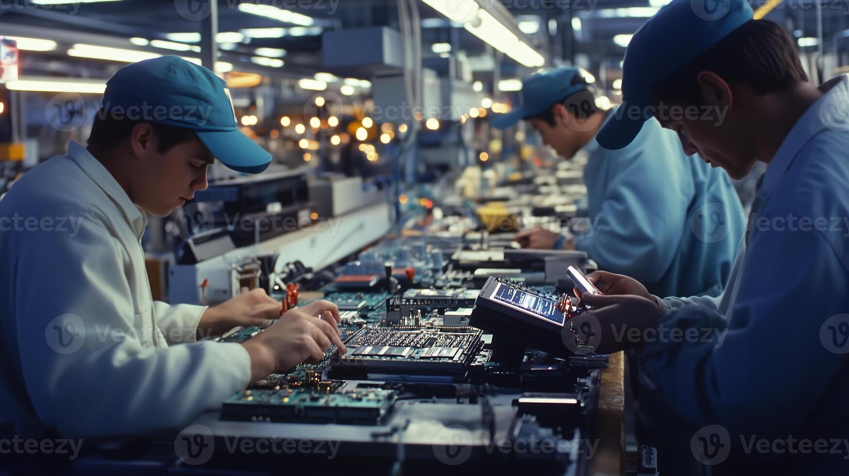 Technicians working collaboratively on electronic circuit boards in a bustling factory environment during the day photo