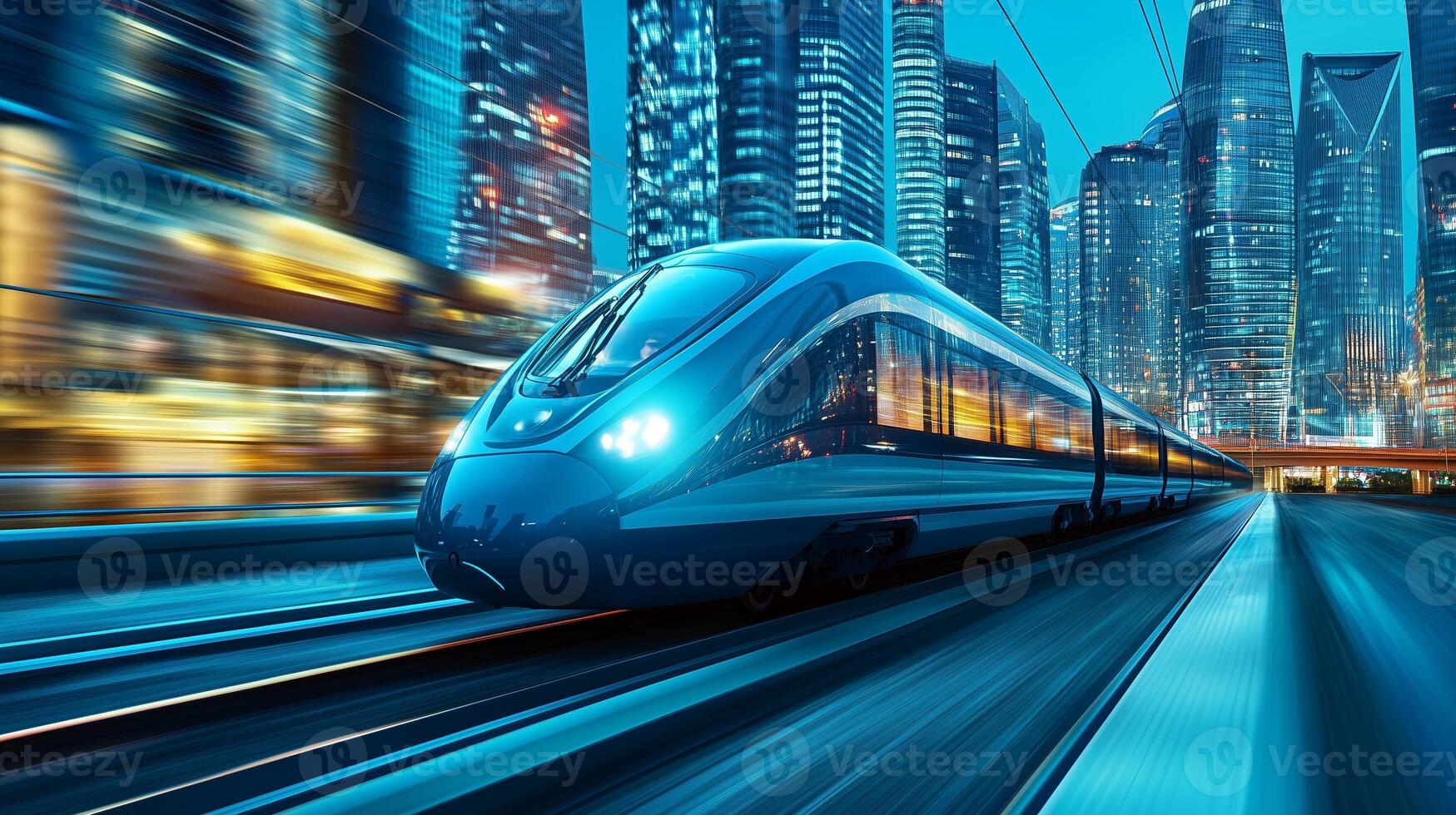 A high-speed train cruising through a vibrant city skyline during twilight hours with illuminated skyscrapers in the background photo